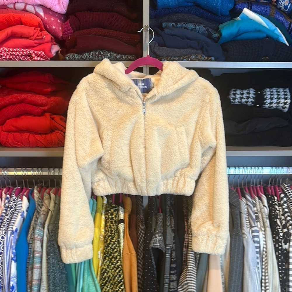 Urban Outfitters cream faux fur hooded cropped jacket size XS